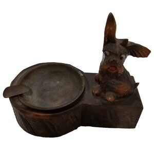 Syroco Vintage Scottie Dog Ashtray – Wood Figurine with Glass Eyes & Metal Inser